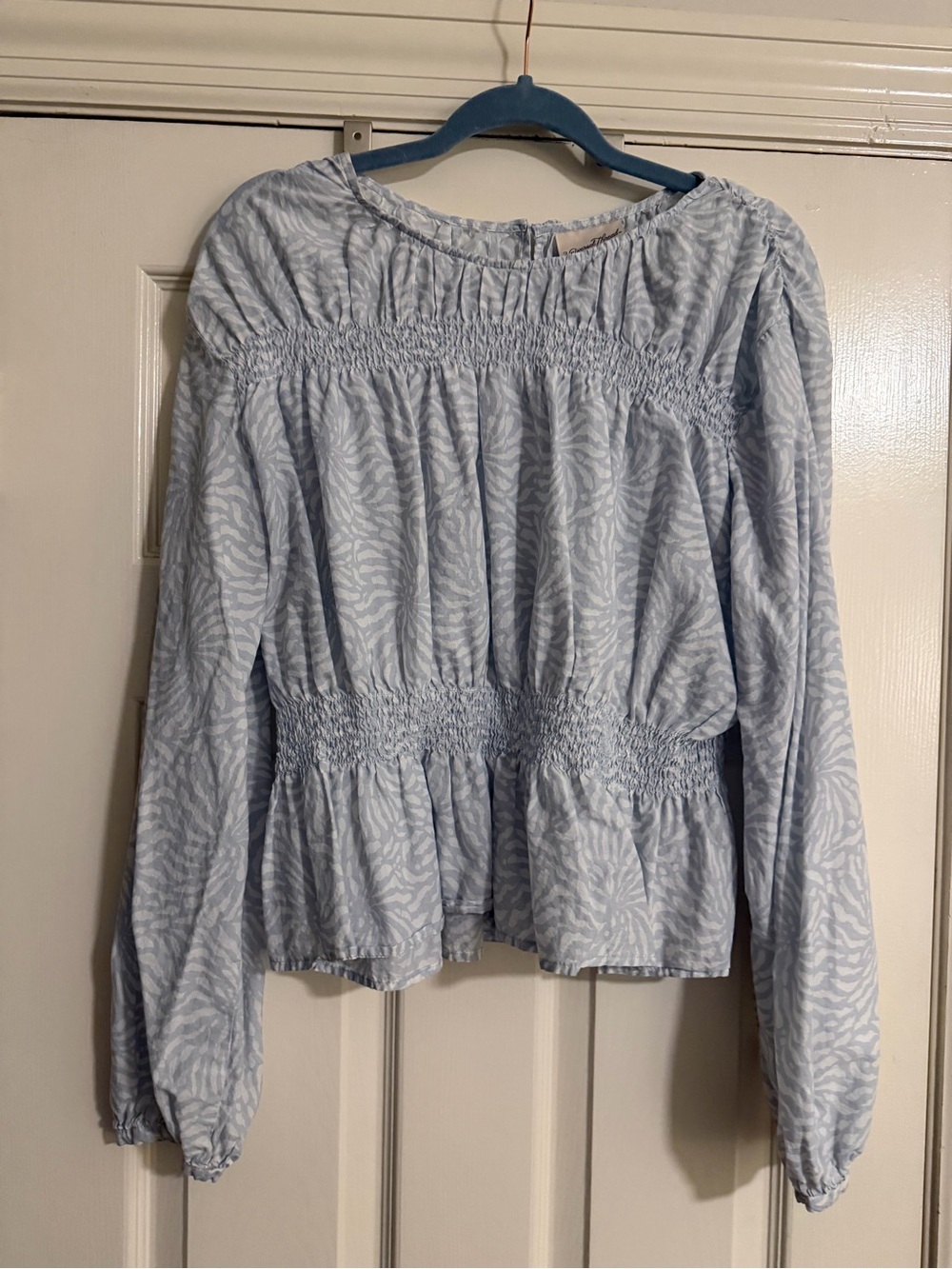 Light Blue Printed Smocked Peplum Long-Sleeve Top